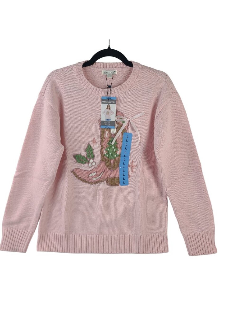 NEW Mighty Fine Pink Sweater Cowboy Boot Design Women's Sz Large Long Sleeves